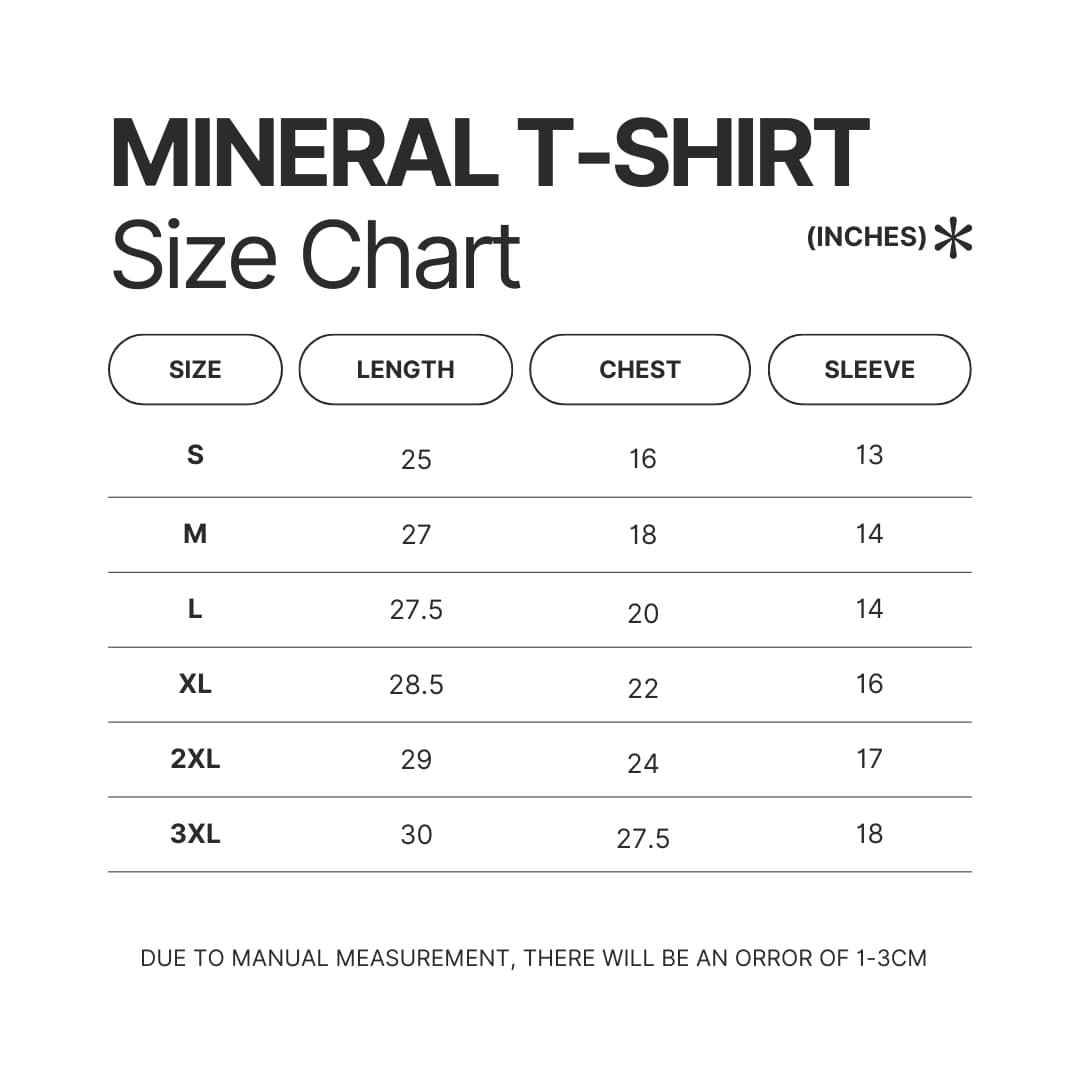 Mineral Wash T shirt Size Chart - Hatsune Miku Merch
